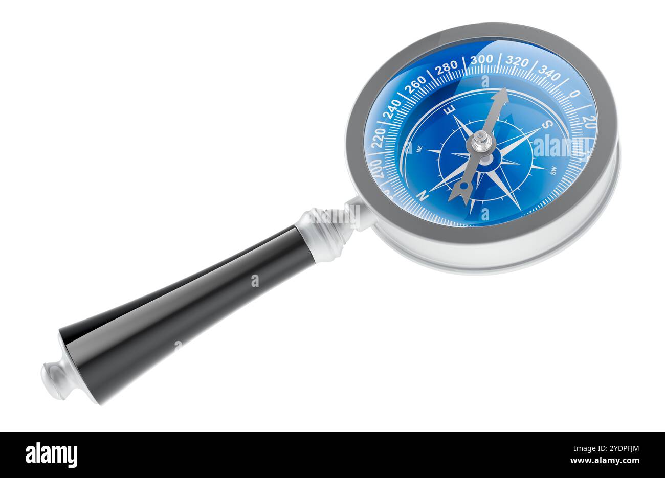 Magnifying glass with compass. 3D rendering isolated on white background Stock Photo