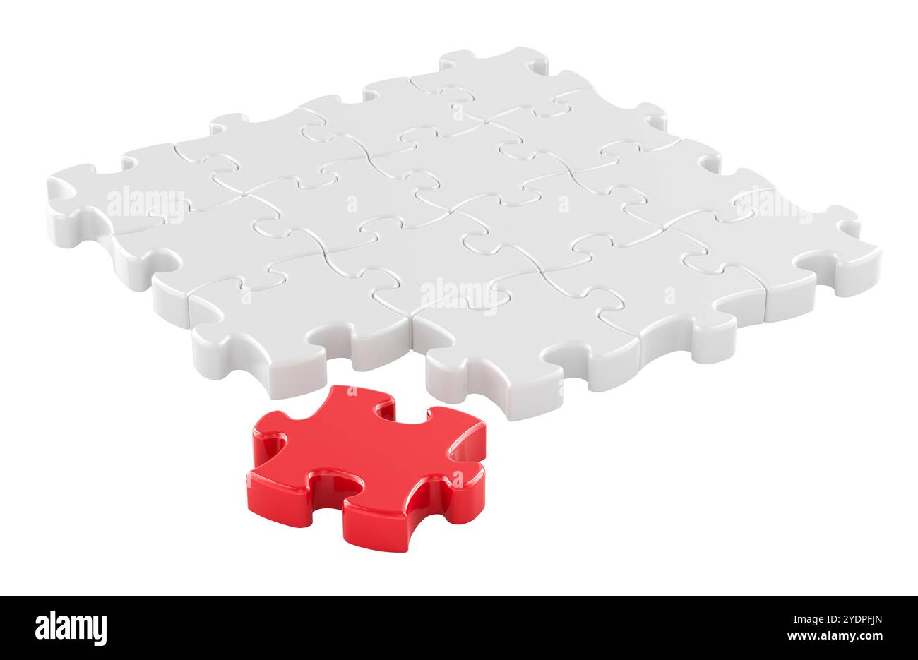 White puzzles with one red puzzle, 3D rendering isolated on white ...