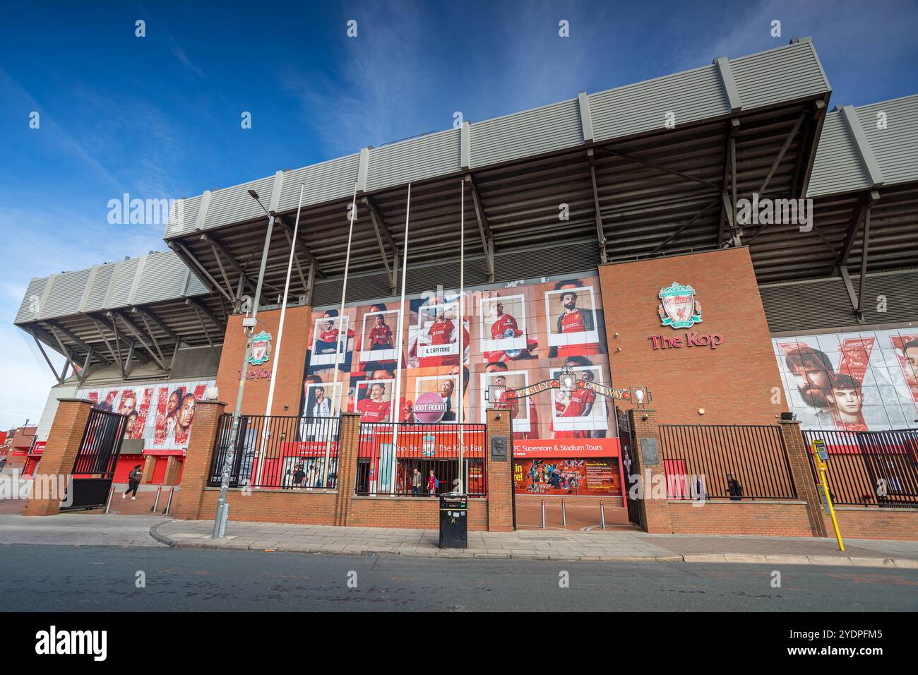 Looking across Walton Breck Road at the Kop stand at Anfield stadium, Liverpool on 27 October 2024. Stock Photo