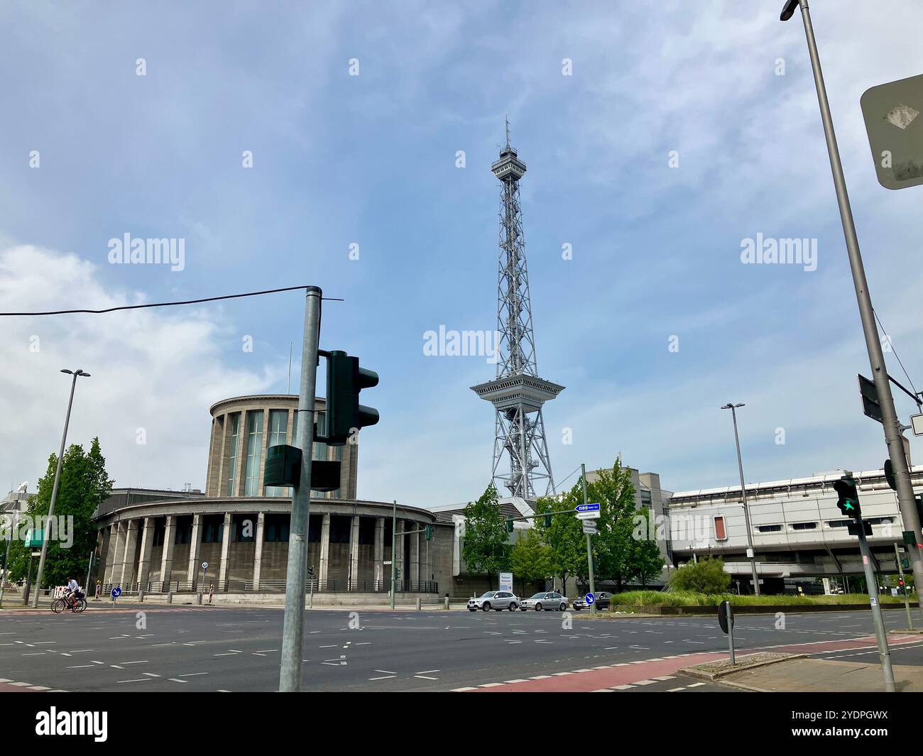 Looking towards the Berliner Funkturm and Messe Berlin near the ICC. Messedamm, Westend, Charlottenburg-Wilmersdorf, Berlin, Germany. 21st May 2023. - Smartphone Captured Stock Image