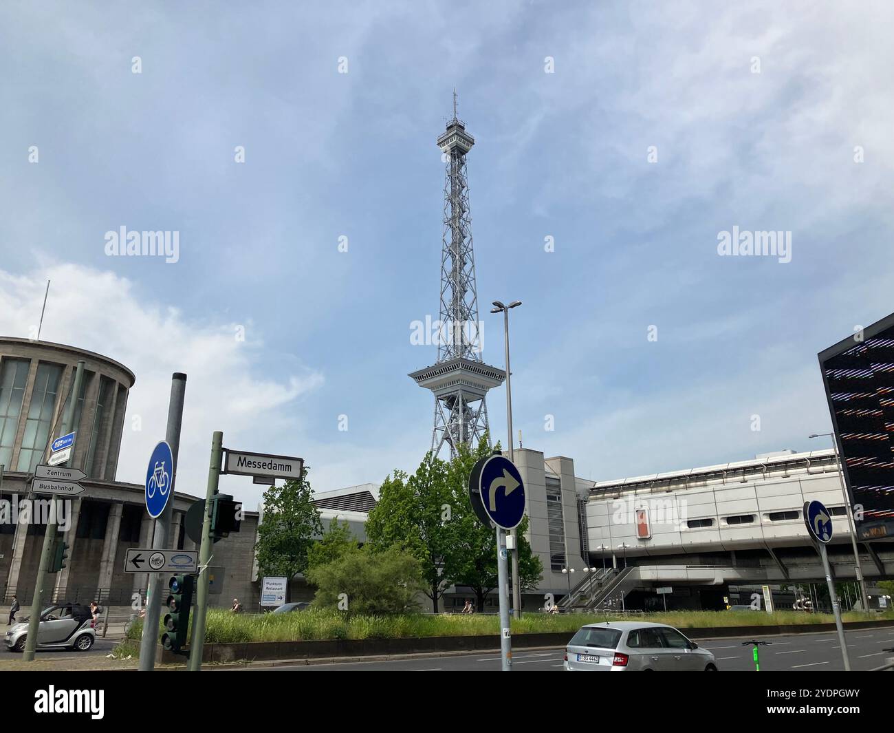 Looking towards the Berliner Funkturm and Messe Berlin near the ICC. Messedamm, Westend, Charlottenburg-Wilmersdorf, Berlin, Germany. 21st May 2023. - Smartphone Captured Stock Image