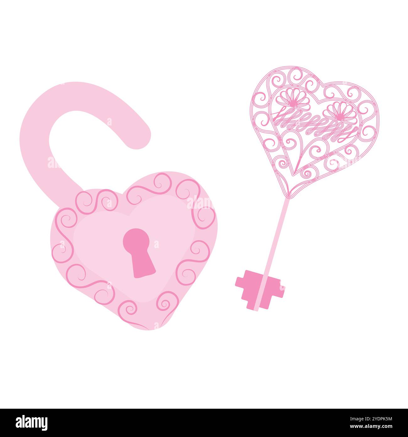 Pink key and lock in the shape of hearts. Concept of strong love. Illustration for Valentines day, wedding. Vector illustration isolated on white back Stock Vector