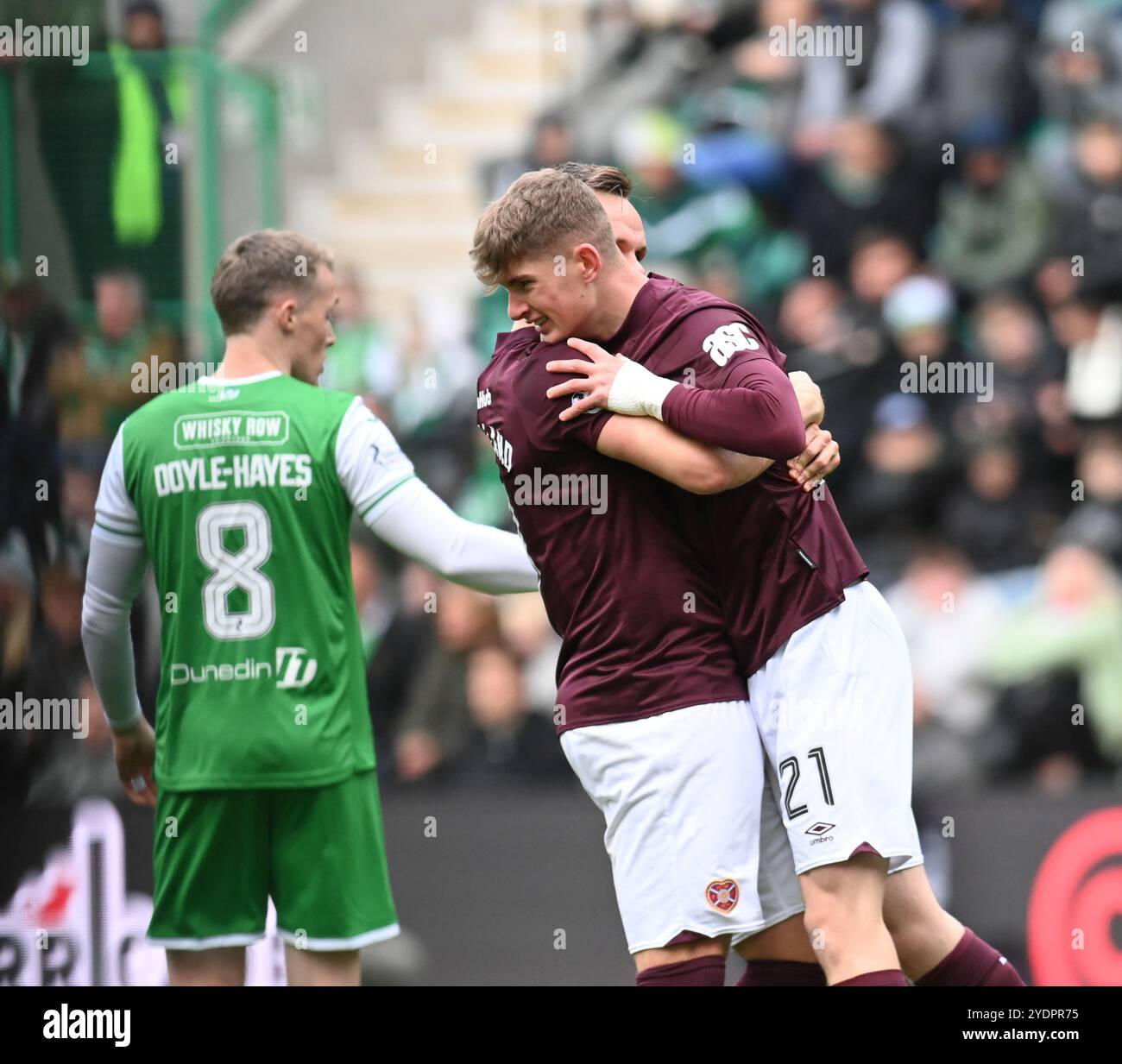 Easter Road Stadium, Edinburgh.Scotland 27th Oct 24 William Hill Premiership Match Hibernian vs Hearts Hearts Captain Lawrence Shankland congratulates James Wilson on his equalising goal in the 1-1 draw at Easter Road . Credit: eric mccowat/Alamy Live News Stock Photo