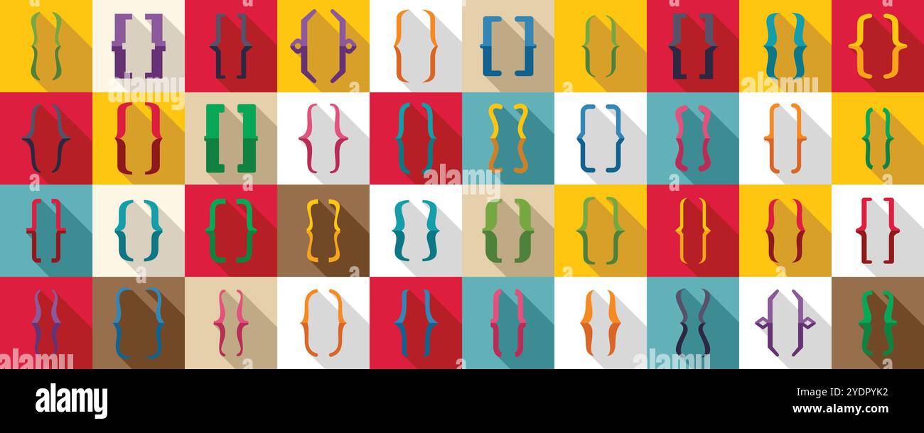 Bracket parenthesis icons set. Set of colorful curly brackets icons in a grid layout, symbolizing programming, coding, and software development Stock Vector