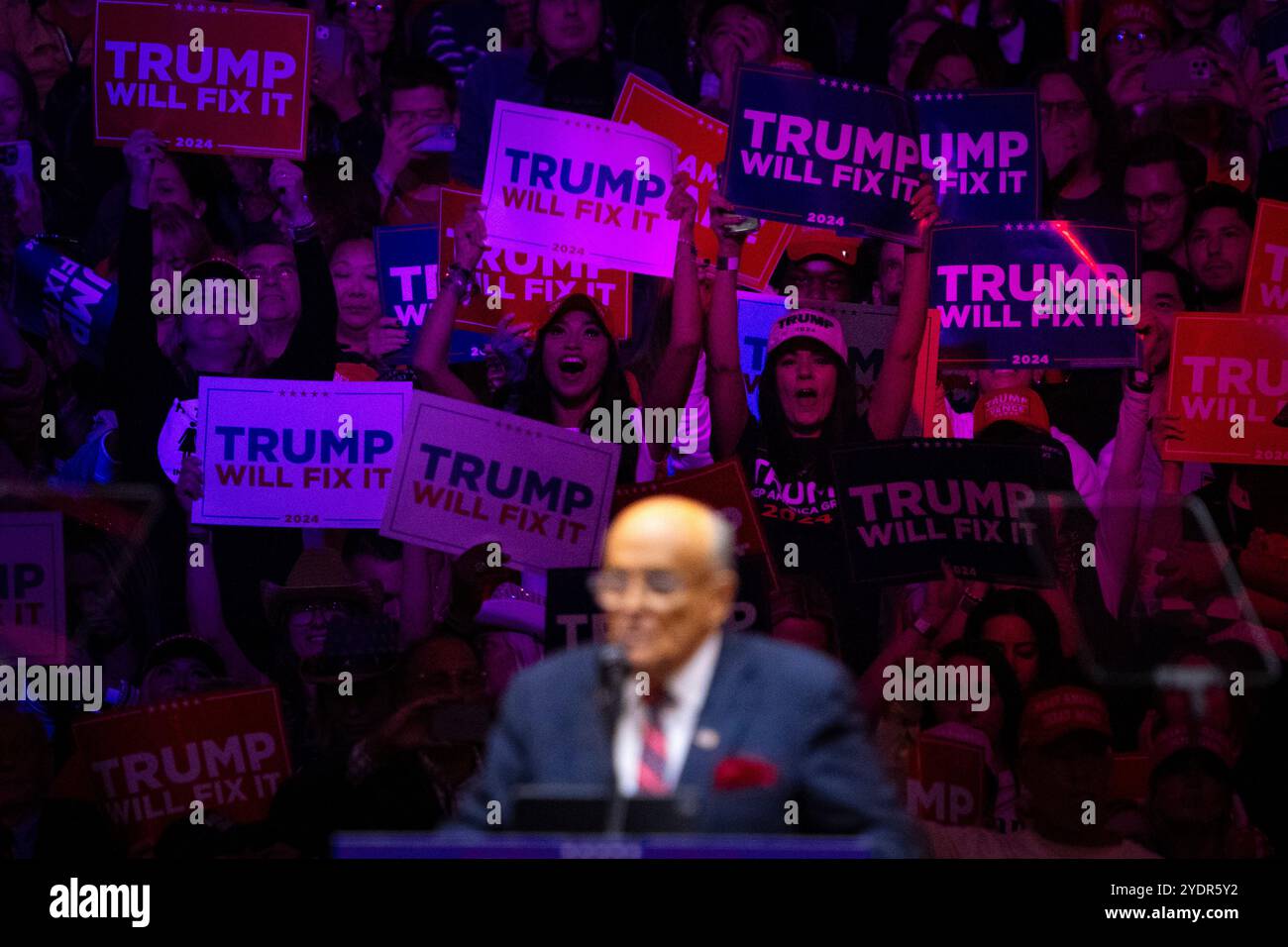 The crowd behind former Mayor of New York Rudy Giuliani cheers during ...