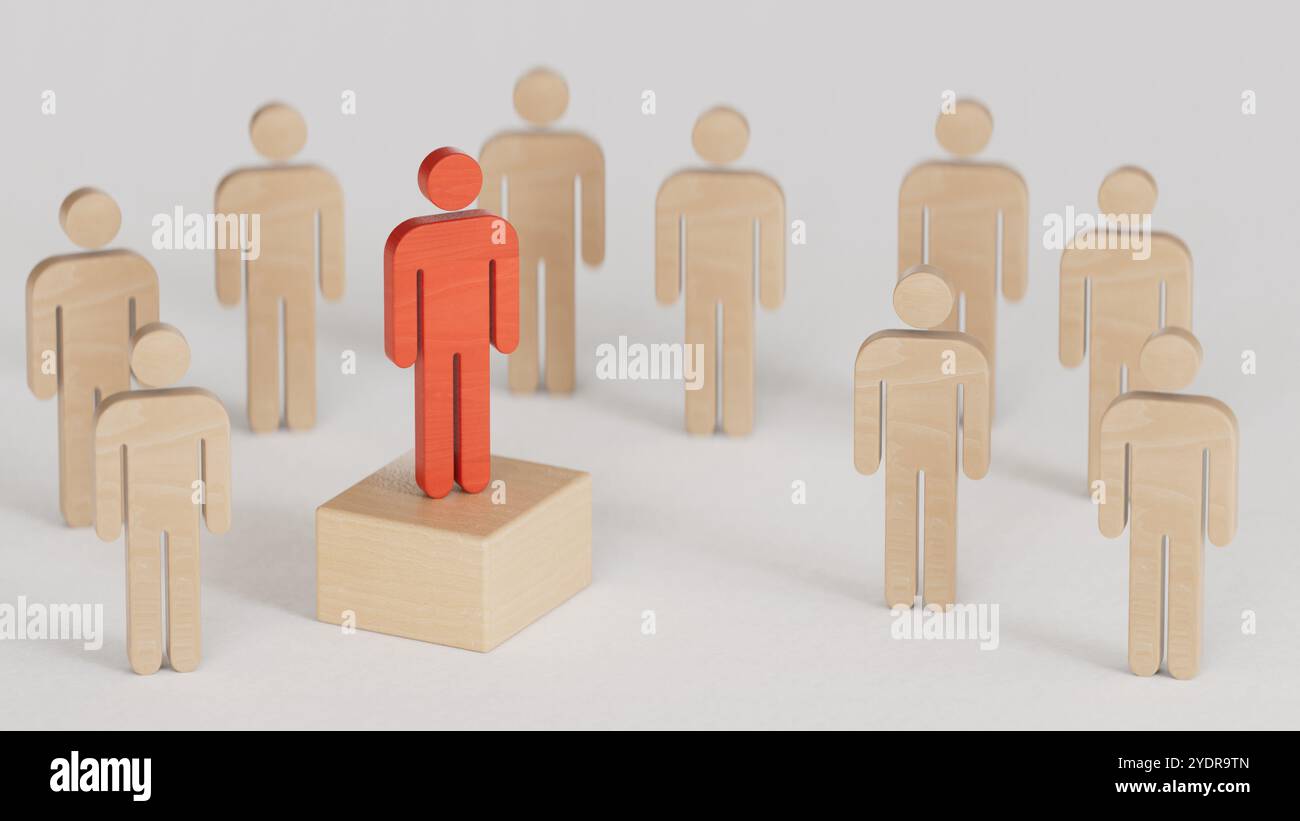 3D illustration of Wooden doll.Leadership concept, wooden business team with one person standing out from the crowd on podium.3D rendering on black ba Stock Photo