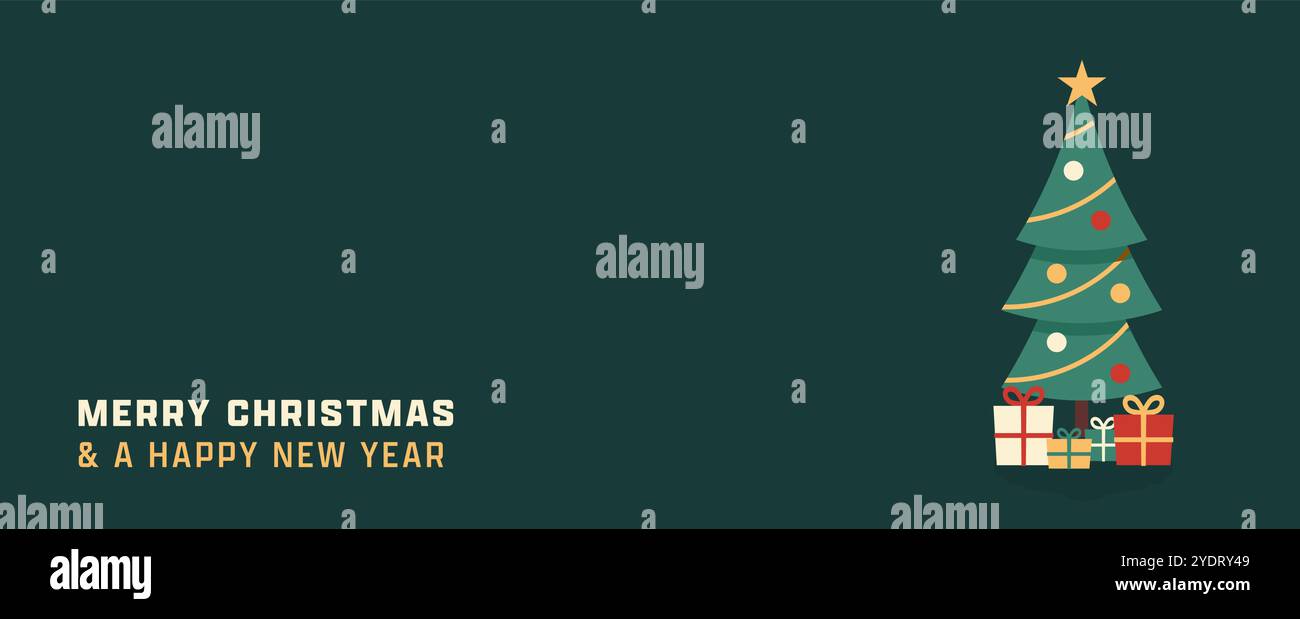 Merry Christmas Banner with Tree and Gifts. Holiday Greeting Card ...