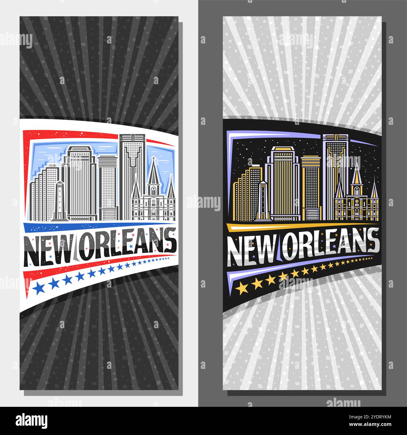 Vector vertical layouts for New Orleans, decorative leaflet with line illustration of urban city scape of United States on day and dusk sky background Stock Vector