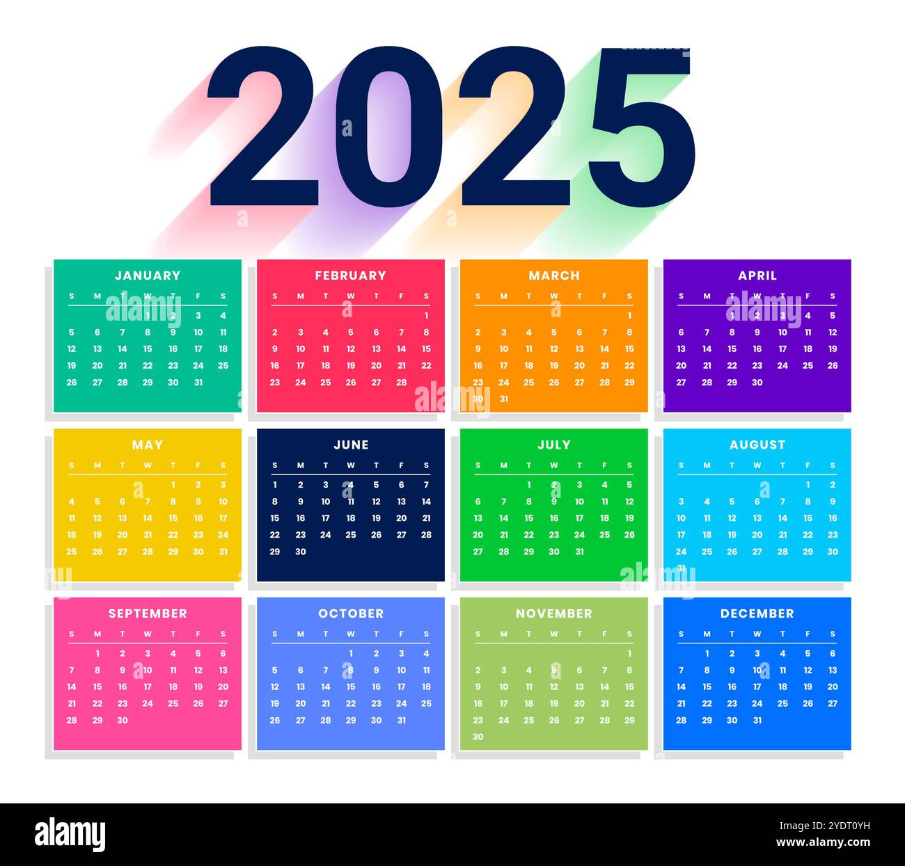 colorful 2025 annual calendar template for office desk vector Stock