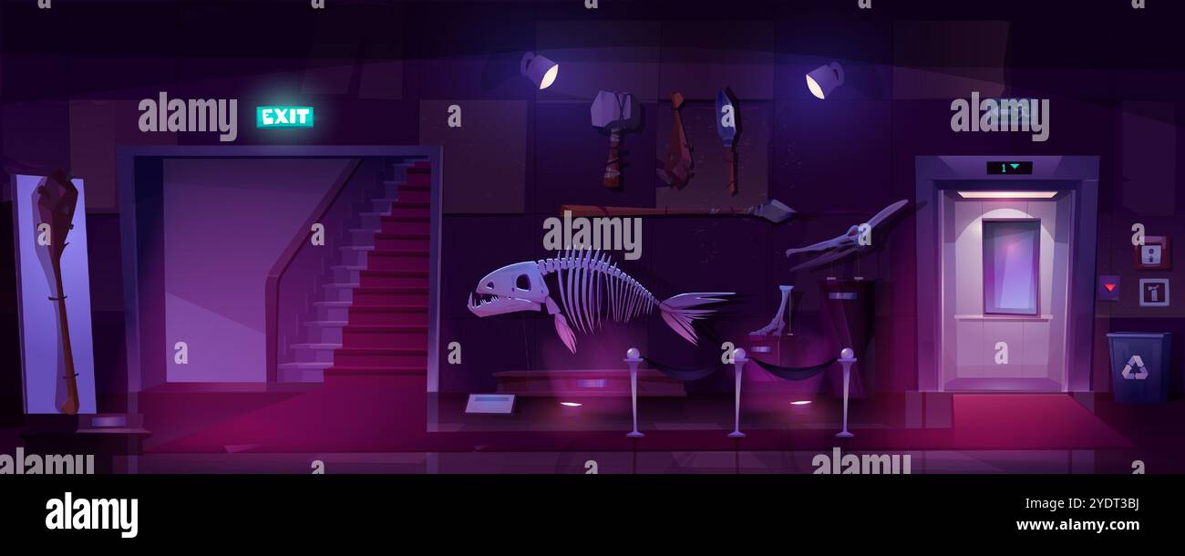 Cartoon dark night archaeological museum hall interior with exhibit featuring large fish skeleton, various prehistoric people artifacts on wall, door with stairs and exit sign and open elevator. Stock Vector