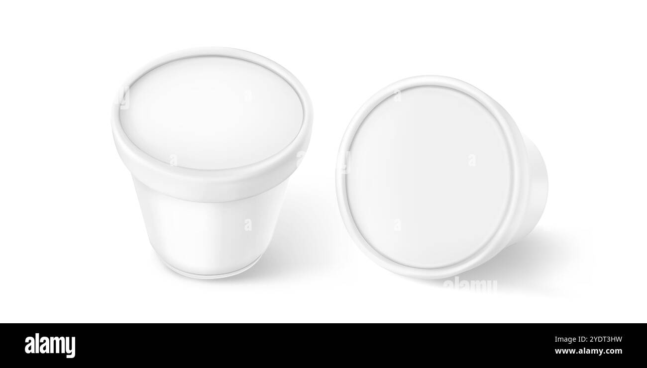 Ice cream plastic cup mockup. White yogurt package mock up. Food container with lid top and side view template. Blank dessert jar for gelato or sauce product. Empty dairy bucket pack isolated design Stock Vector