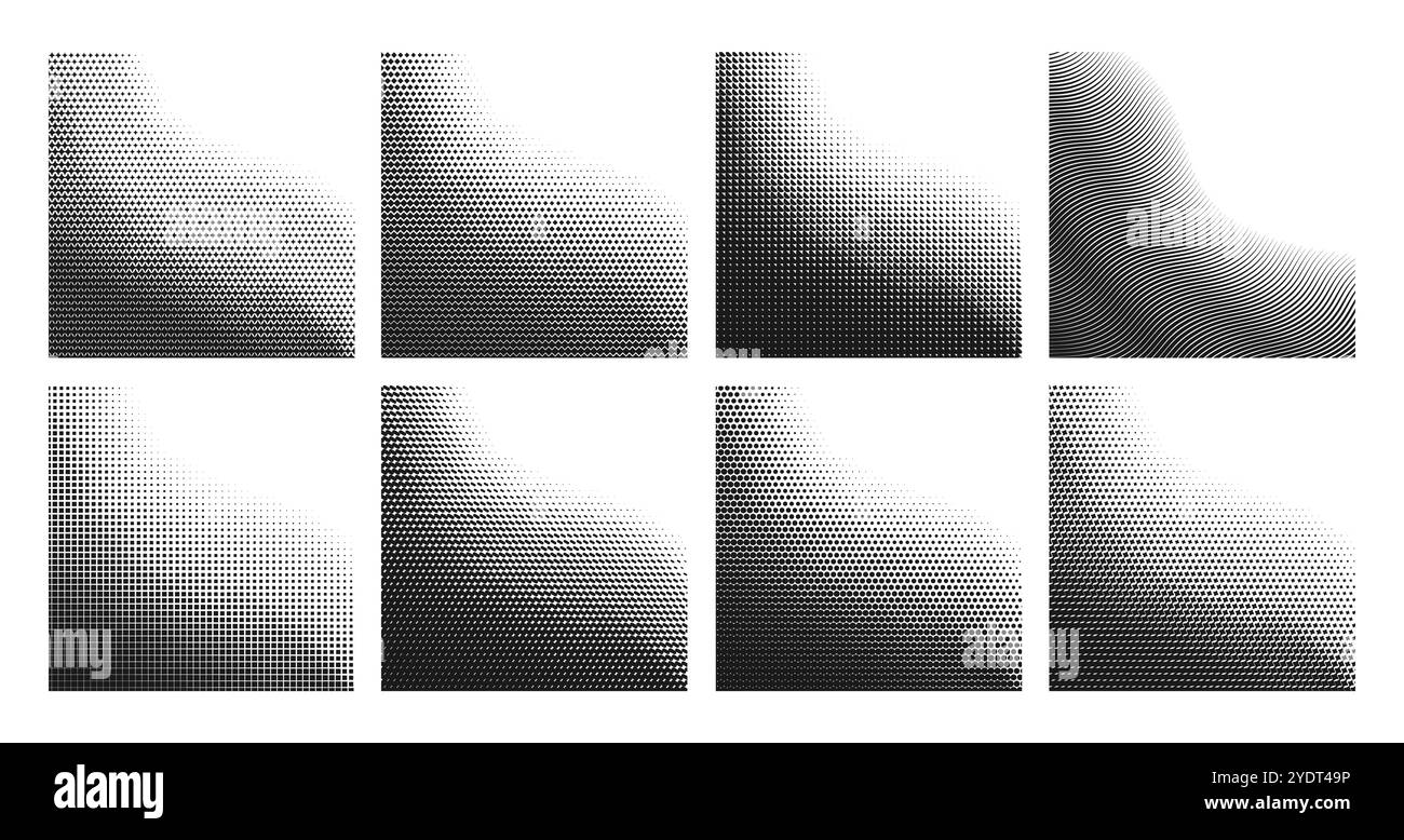 Halftone gradient pattern gradation backgrounds with half tone dots, abstract vector. Halftone pattern backgrounds with diagonal waves or wavy dots gradation from corners with grainy monochrome effect Stock Vector