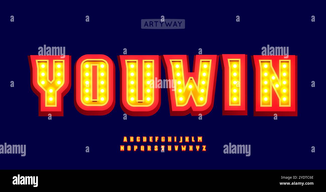 Illuminated marquee alphabet, bold glowing lights letters, retro carnival style font, 3D casino typography, flashy entertainment typographic design Stock Vector