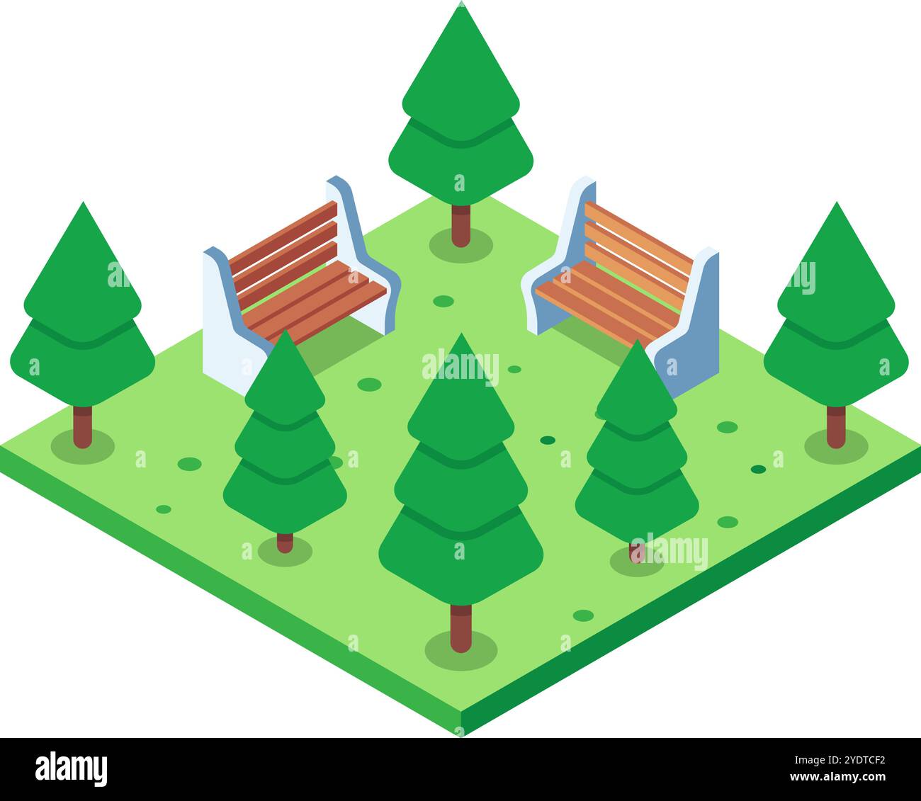 Isometric view of a peaceful green city park with two empty benches ...