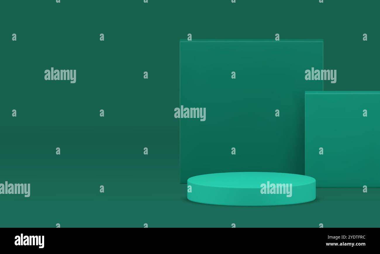 3d green podium with geometric shapes wall background realistic vector ...