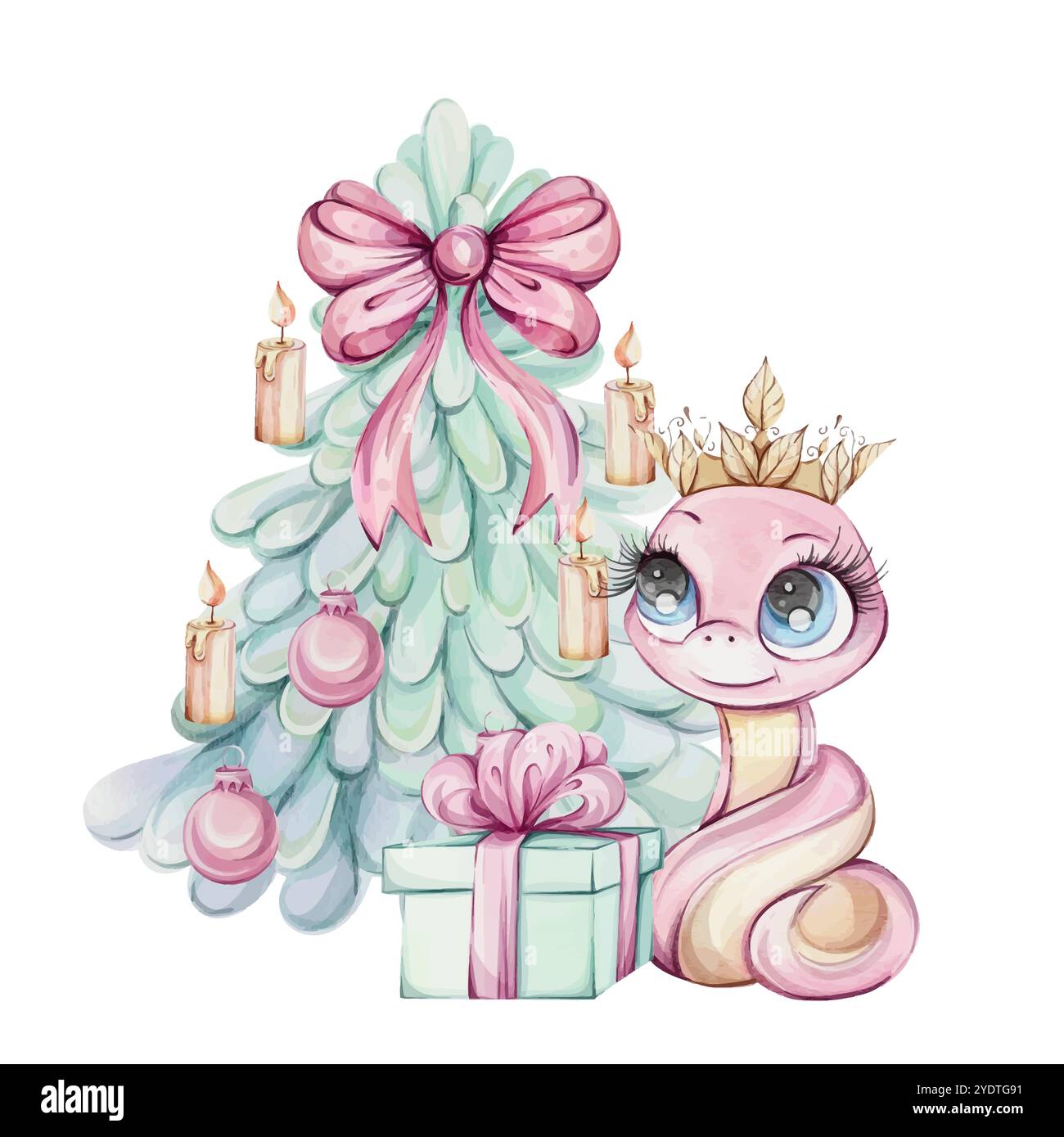 A delightful pink princess snake and cute Christmas illustration featuring a beautifully decorated tree and a gift Stock Vector