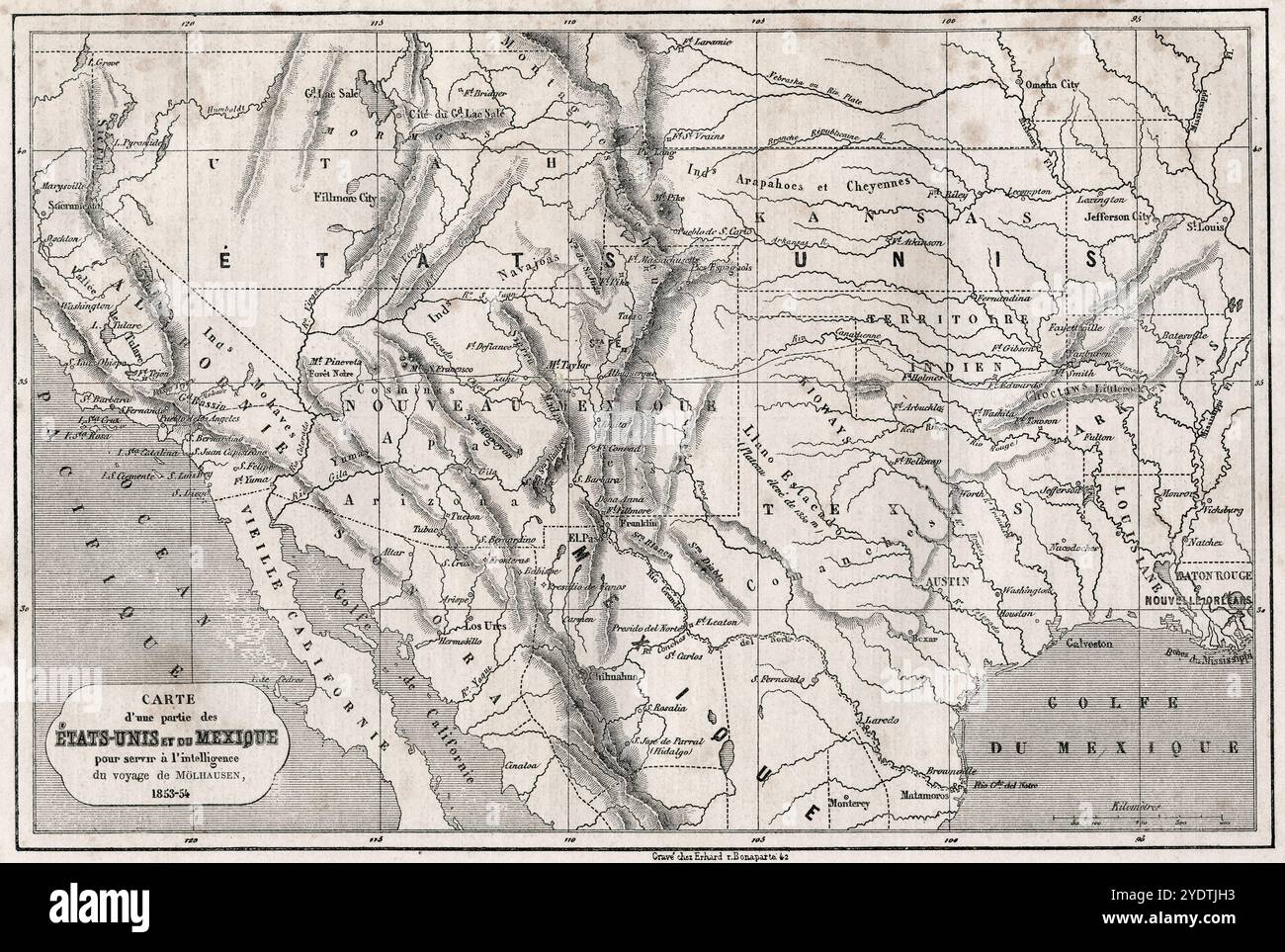 Map showing part of the United - Map Showing Part Of The United States Of America And Mexico Used During The Expedition Of Balduin Mllhausen To America 1853 1854 From Le Tour Du Monde Published Paris 1860 2YDTJH3