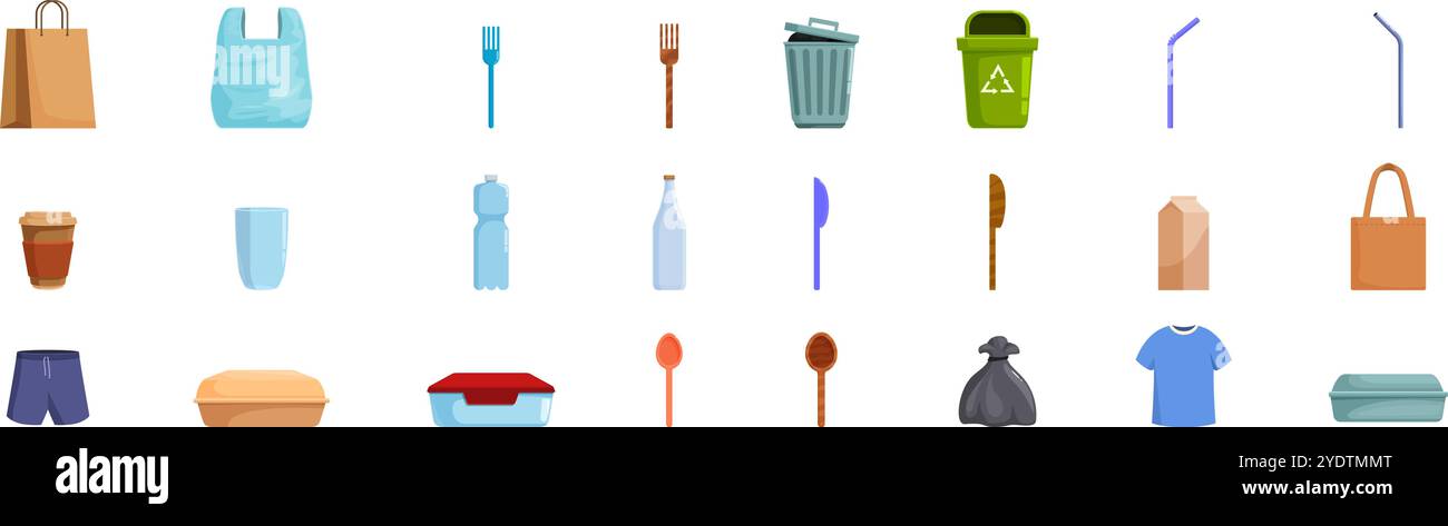 Waste reduction icons set. Various single use items highlighting the problem of non biodegradable waste and its impact on the environment Stock Vector