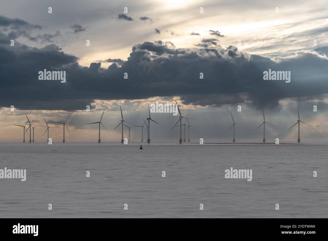 Offshore wind turbines farm in the ocean with dramatic sky and calm ...