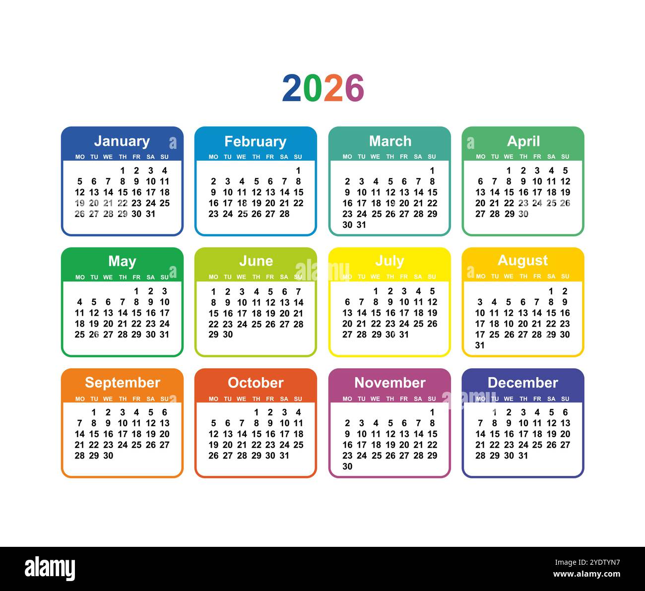 Calendar grid 2026 colorful vector Simple layout of pocket or wall
