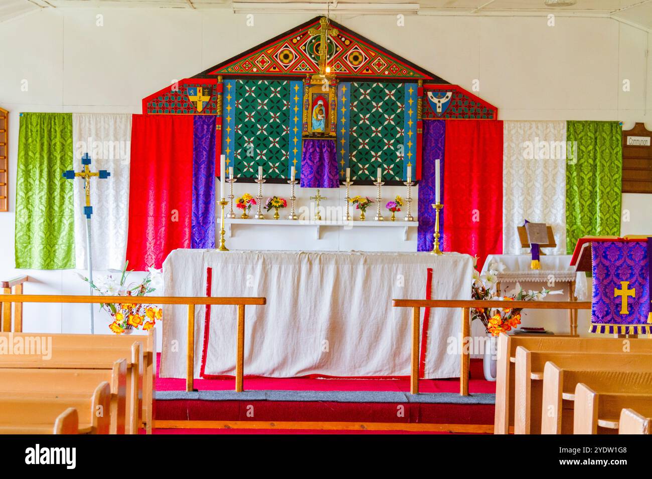 Brightly coloured altar inside a church on Tristan da Cunha, the most remote inhabited location on Earth, Tristan da Cunha, South Atlantic Ocean Stock Photo