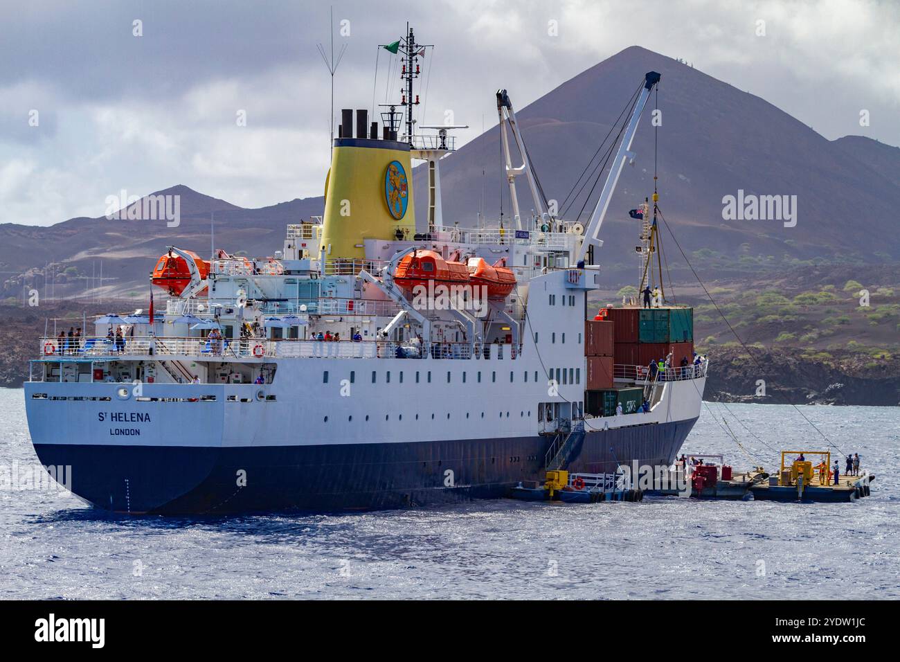 The RMS St. Helena, registered in London, at Ascension Island in the Tropical Atlantic Ocean, South Atlantic Ocean Stock Photo
