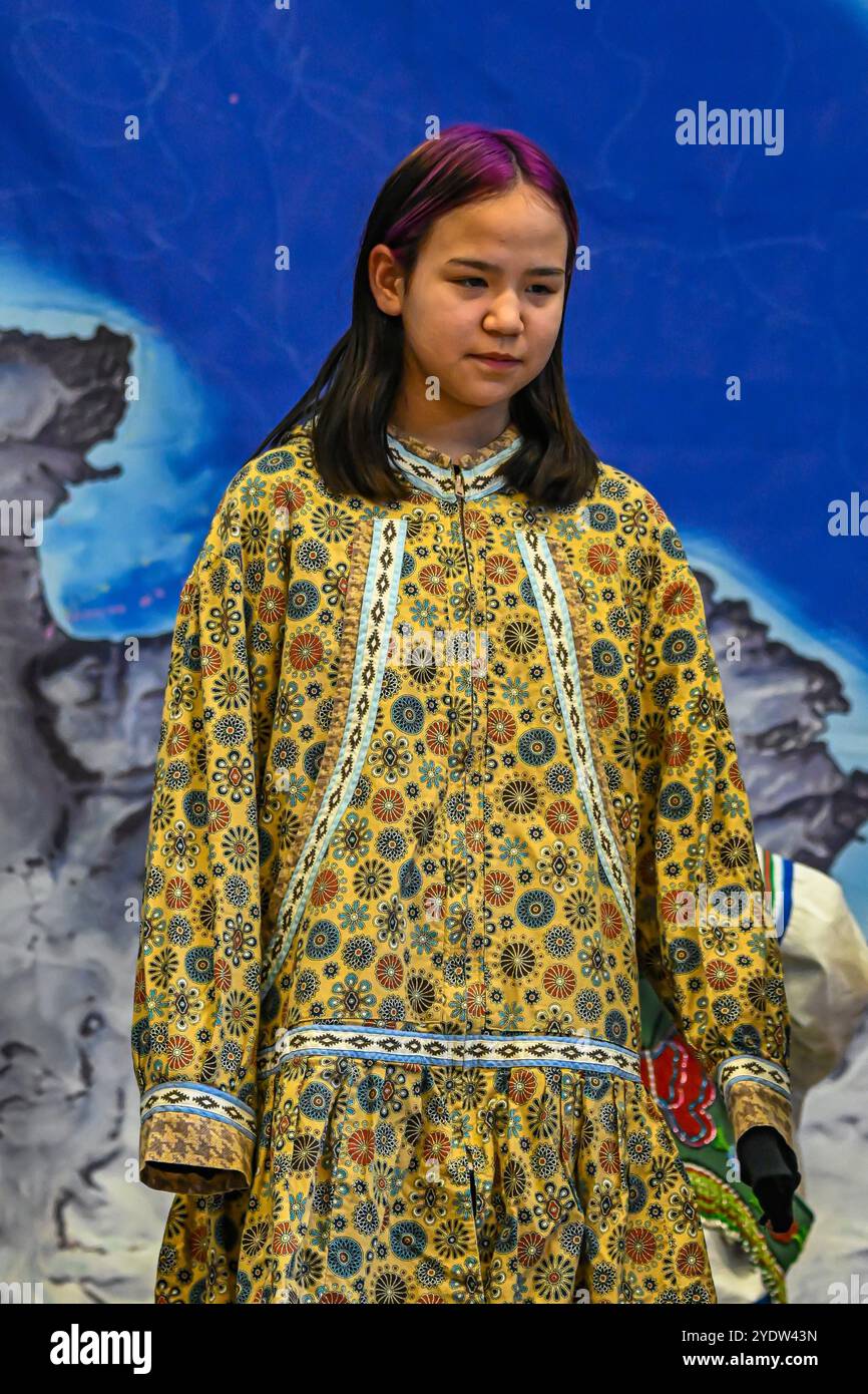 Inuit girl in traditional dress, Grise Fjord, most northern community in America, Nunavut, Canadian Arctic, Canada, North America Stock Photo