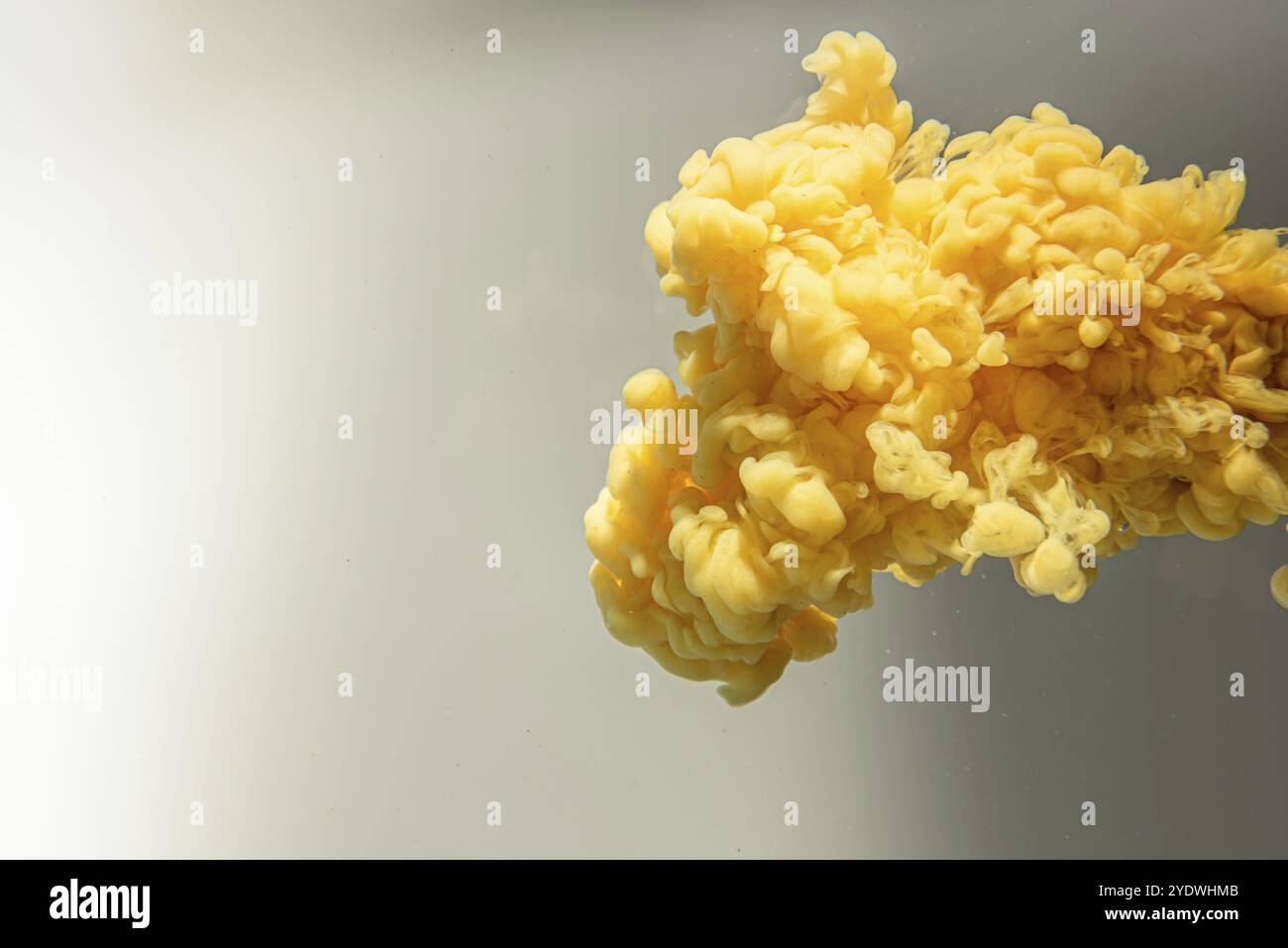 Yellow orange drop swirling under water. Cloud of acrylic paint in water Stock Photo