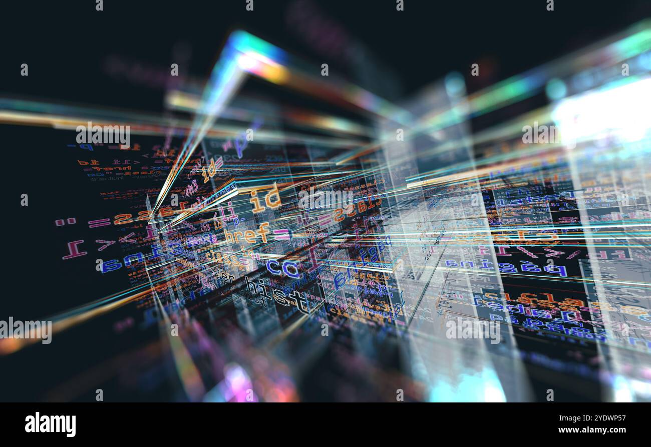 Script and source code for algorithm development.3d illustration.Abstract background of programming engineering and software development. Stock Photo