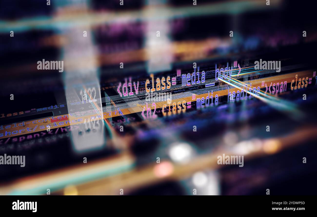 Script and source code for algorithm development.3d illustration.Abstract background of programming engineering and software development. Stock Photo