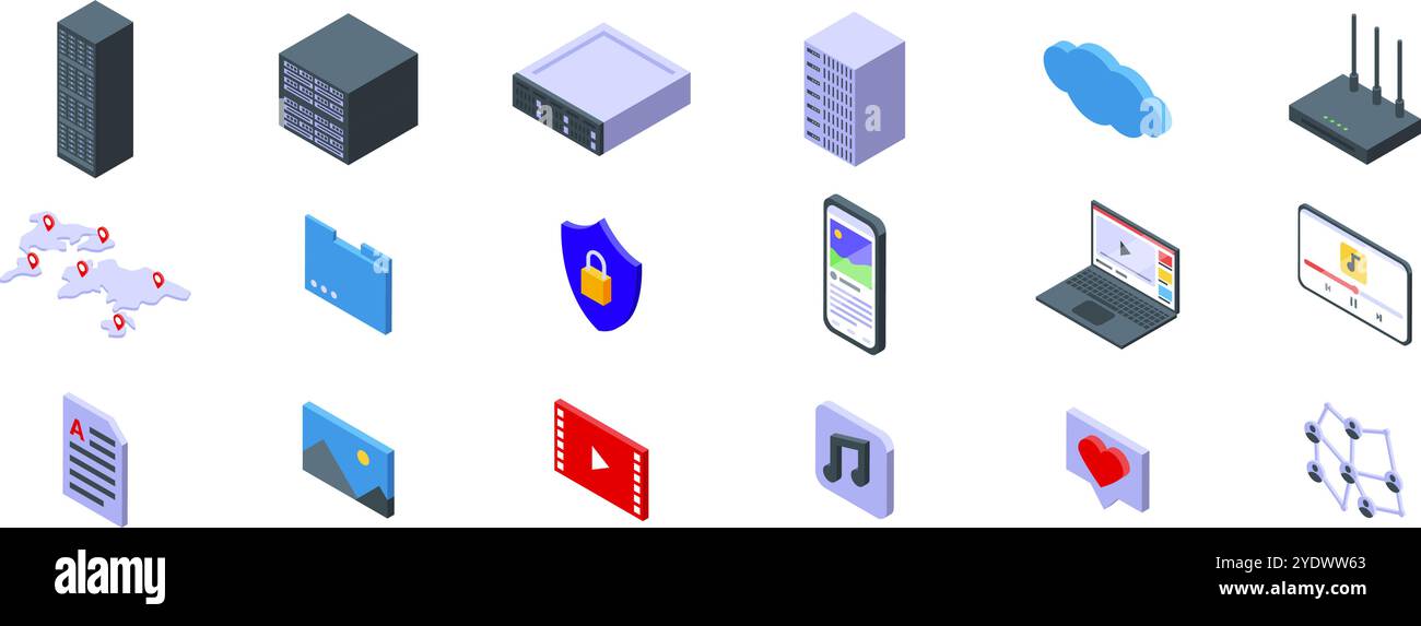 CDN icons set. Isometric icons representing data storage, cloud computing, network connectivity, and multimedia content Stock Vector
