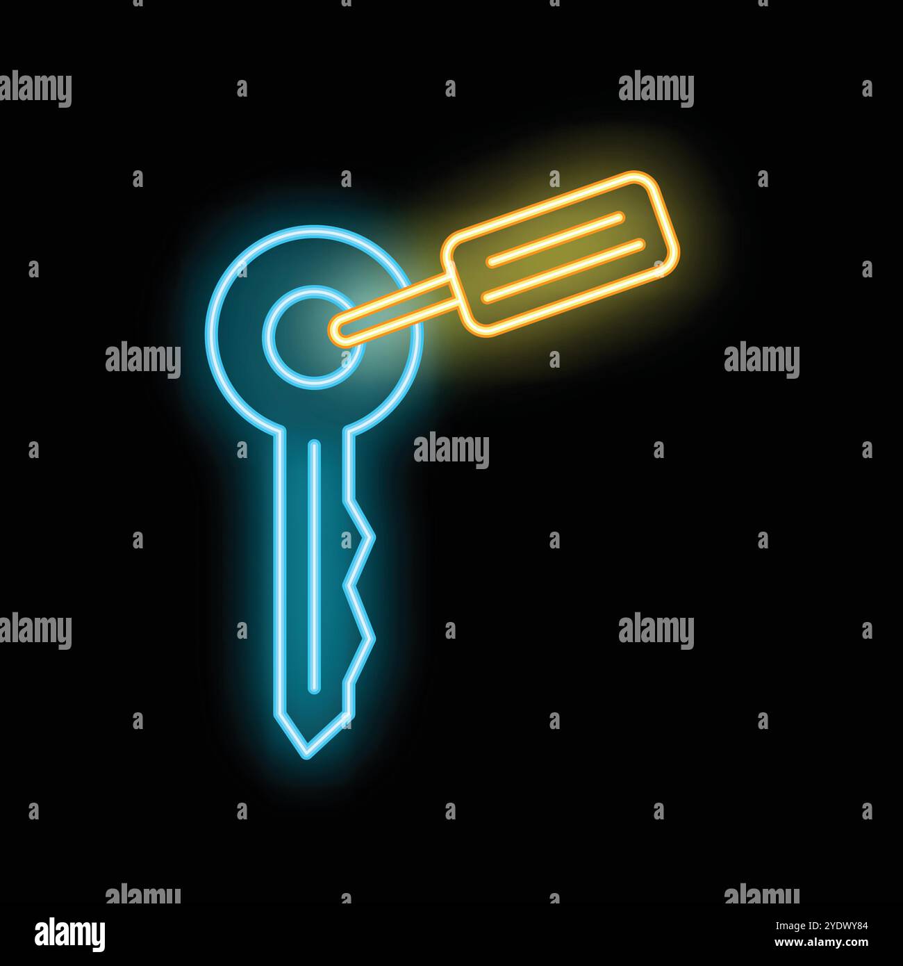 Blue neon key with yellow tag on black background Stock Vector