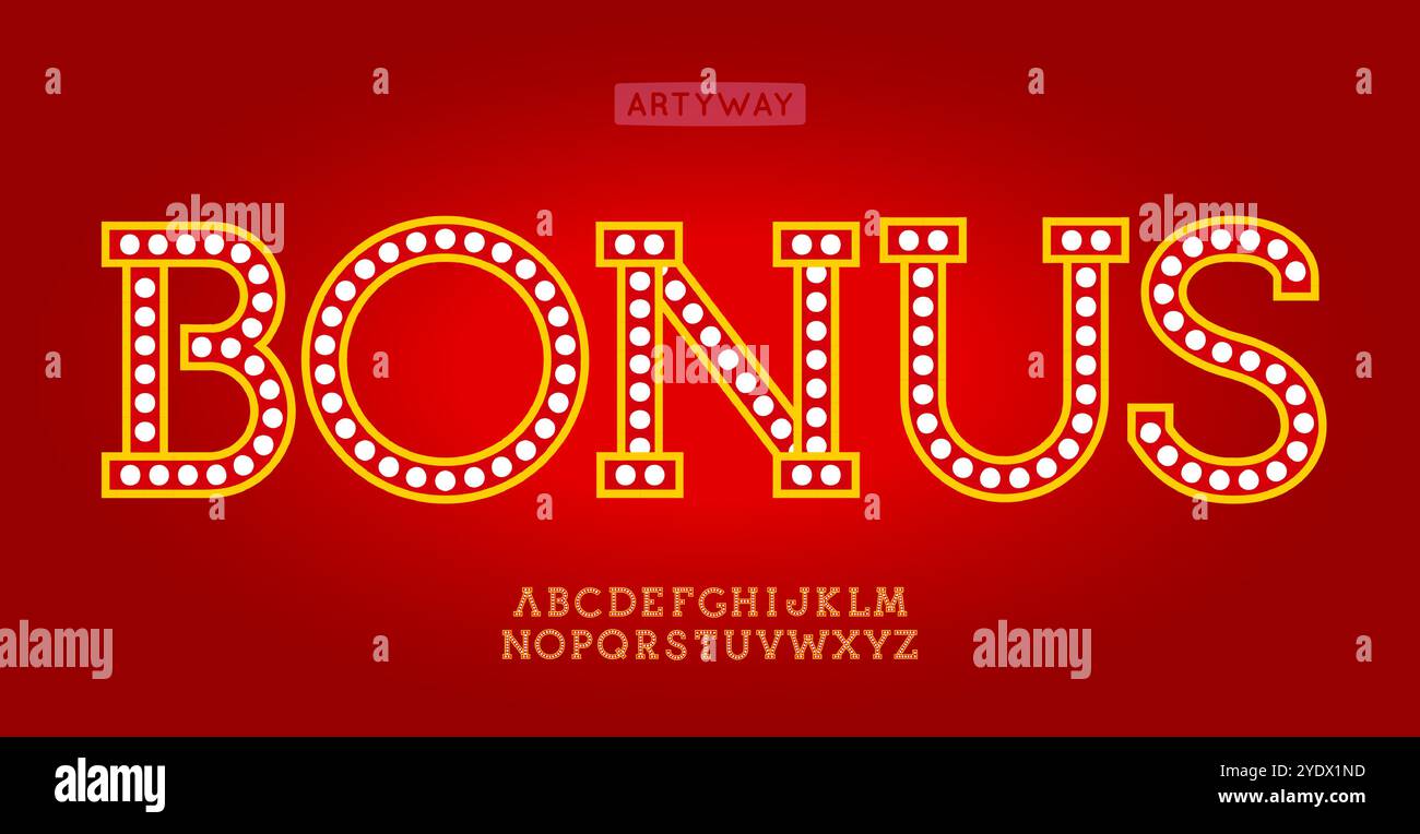 Illuminated marquee font with vibrant light dots, retro casino letters for carnival headline, festive signage, vegas gambling, flashy event promo Stock Vector