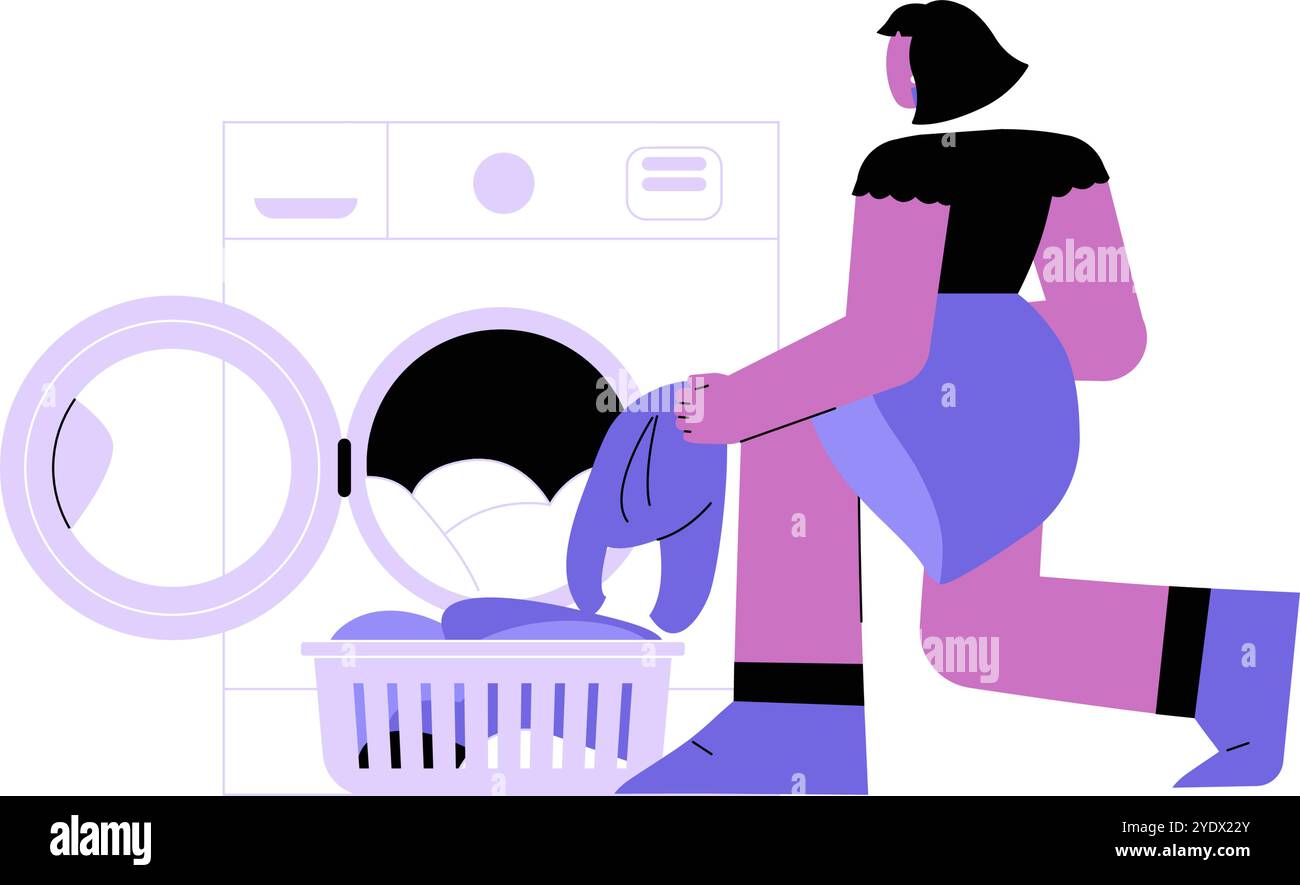 Female Character Kneeling And Loading Laundry Into Washing Machine In ...