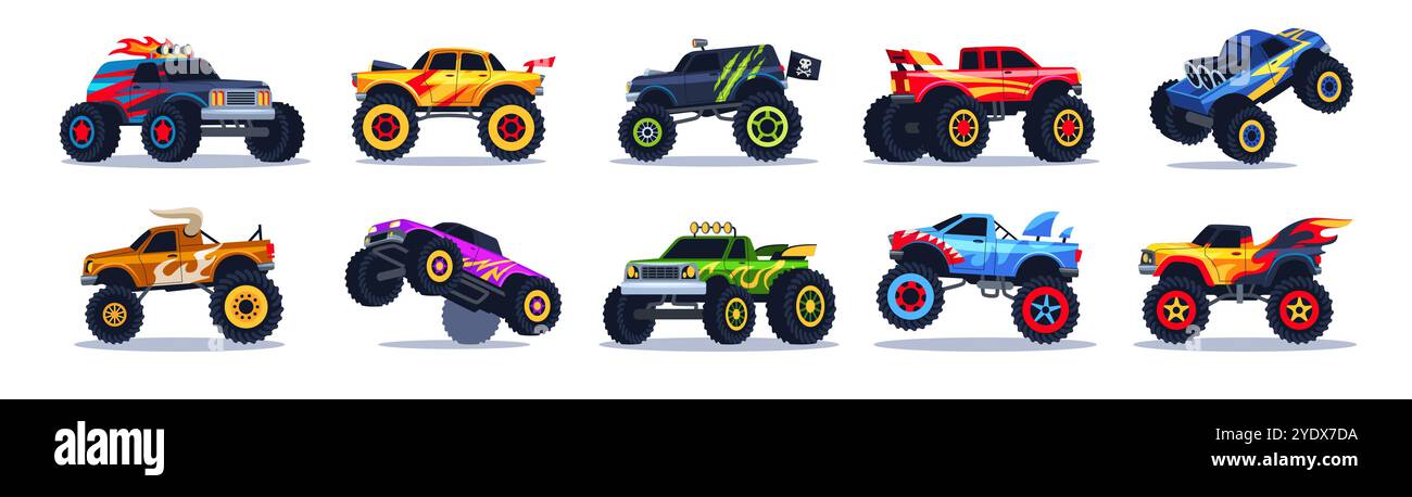 Cartoon monster cars. Heavy trucks with angry patterns and aggressive ...