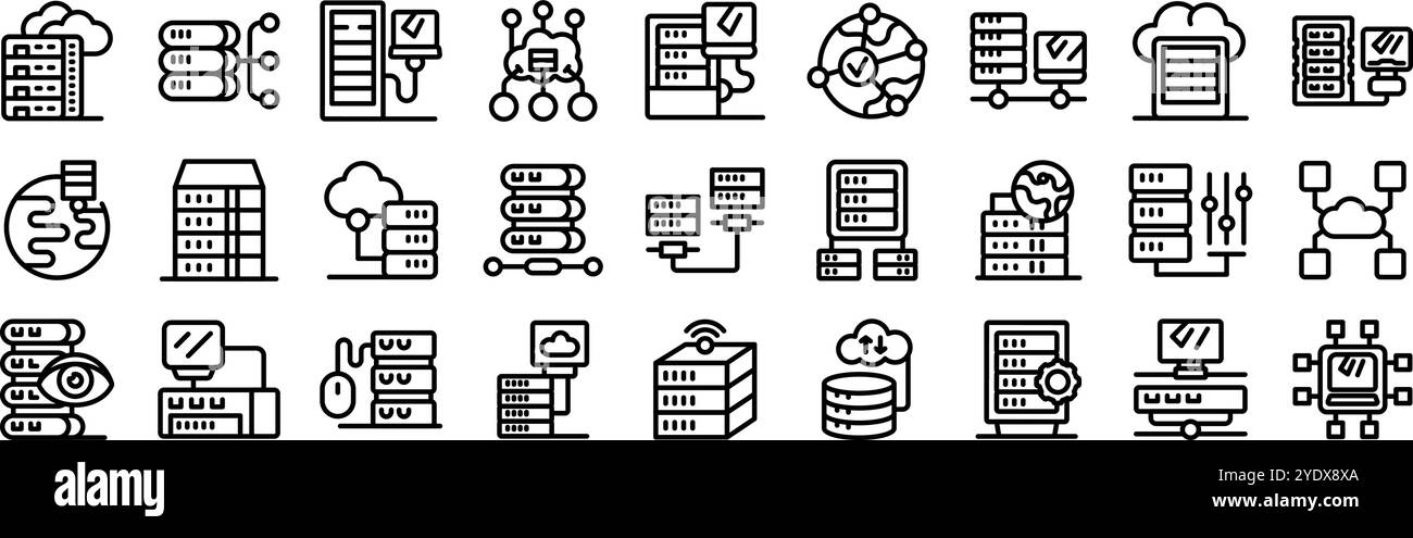 Dedicated server icons set. Servers processing data, symbolizing cloud computing, data storage, and global network connectivity Stock Vector
