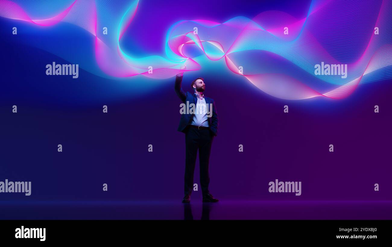 Business professional interacts with data visualization in modern setting, shoeing advancements in data analytics and corporate strategy. Stock Photo