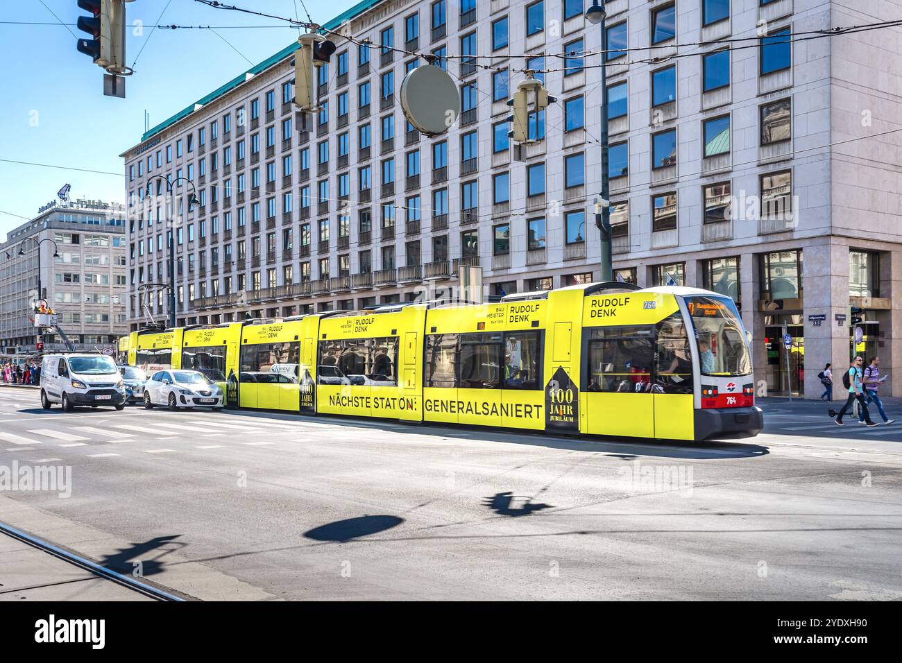 Electric passenger tram operating in Vienna, Austria by Wiener Linien. Stock Photo