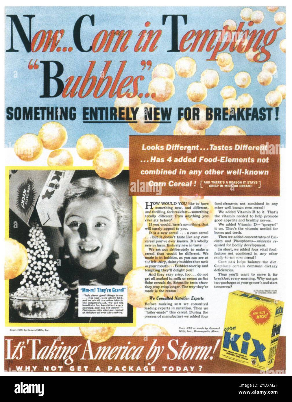 1939 Kix cereal ad - "'corn in tempting bubbles' Stock Photo