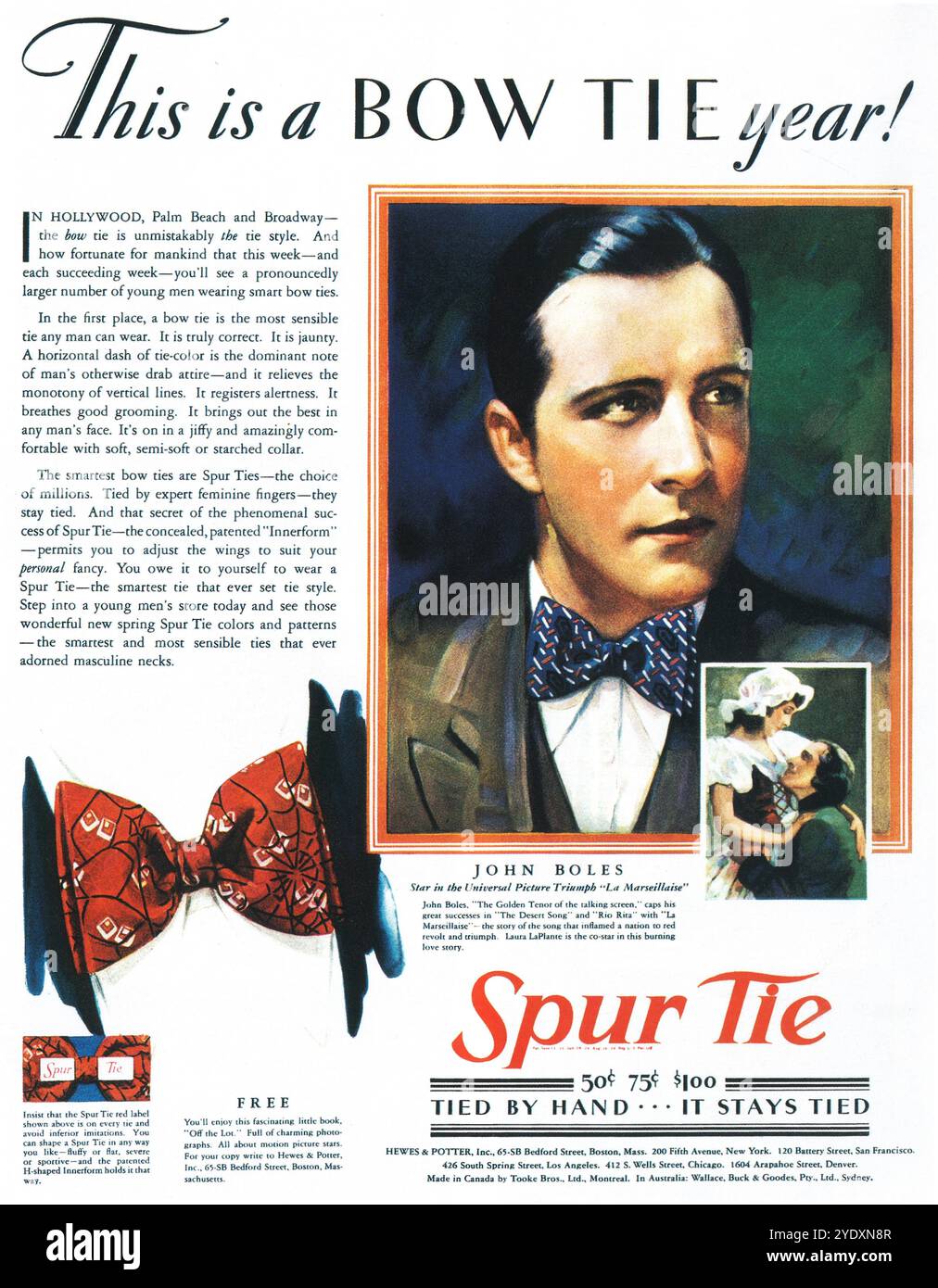 1930 Spur tie ad with John Boles Stock Photo