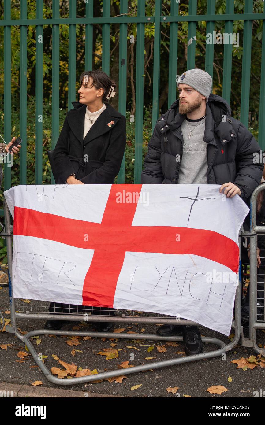 London, England. 28/10/24. A handful of Tommy Robinson supporters gathered outside Woolwich Crown Court to protest against the sentence doled out to Tommy today.  Supporters included UKIP politician Nick Tenconi who is now publicy rallying behind Tommy and the Far Right  Credit: Lab Ky Mo / Alamy Live News Stock Photo