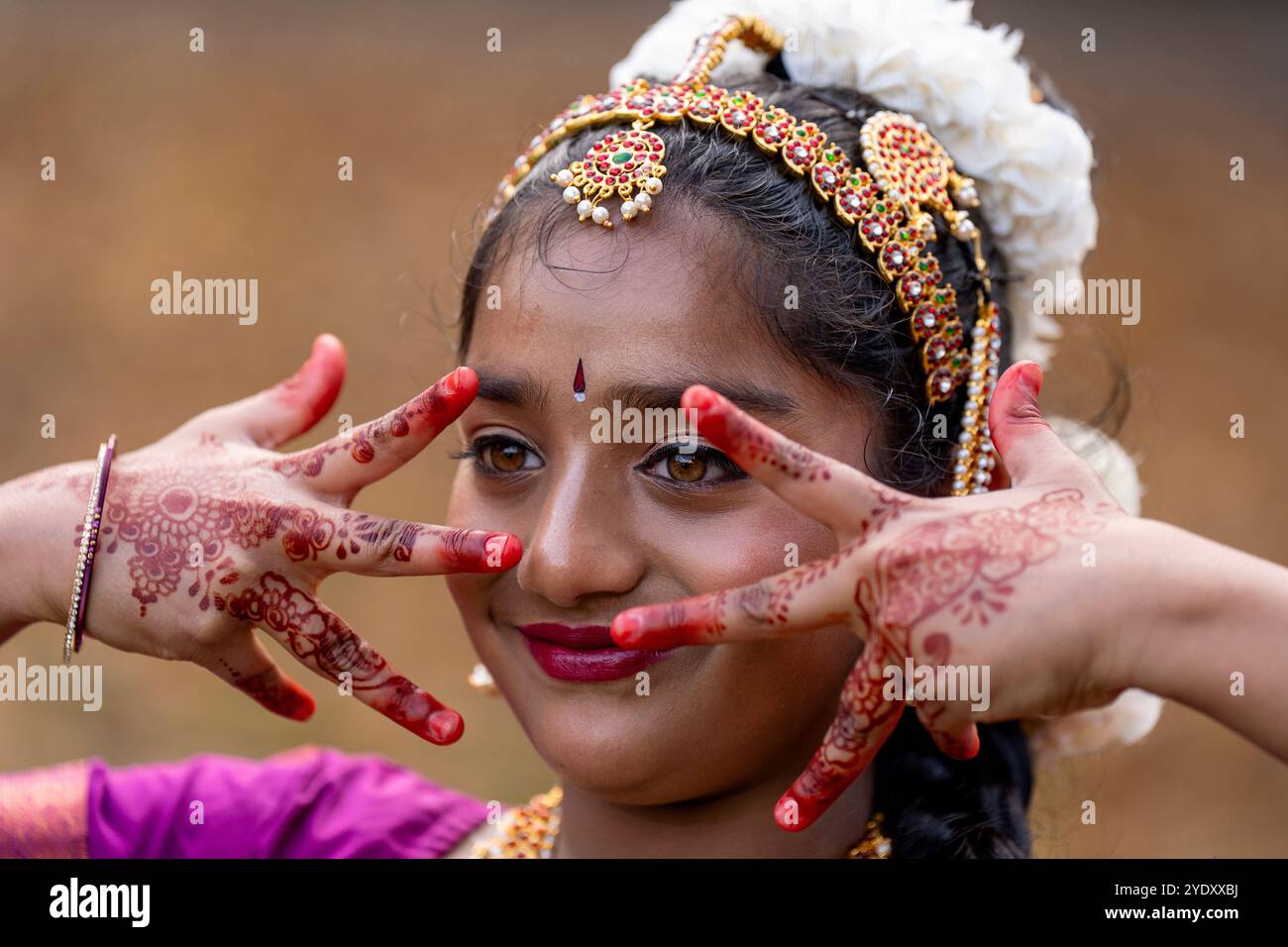 Dancer Hiya Lakshmi Kantamaneni, from Dance Ihayami, during a display of traditional Indian culture to preview Edinburgh Diwali, the annual celebration of the Indian festival of lights, at West Princes Street Gardens in Edinburgh. Picture date: Monday October 28, 2024. Stock Photo