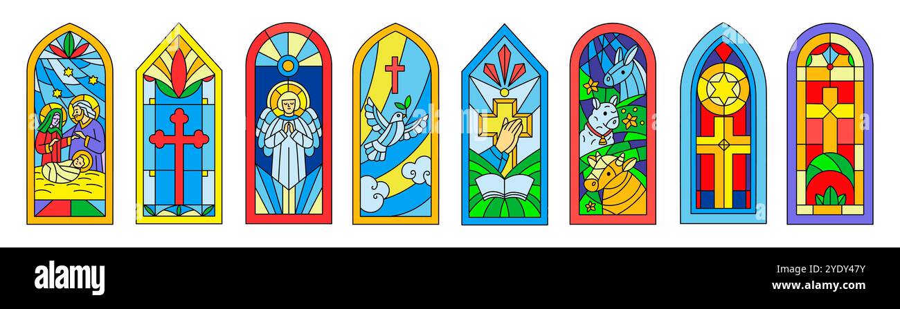 Cathedral stained glasses. Biblical stories from colored mosaics. Christian religious church windows. Gothic frames. Christianity architecture. Arch w Stock Vector