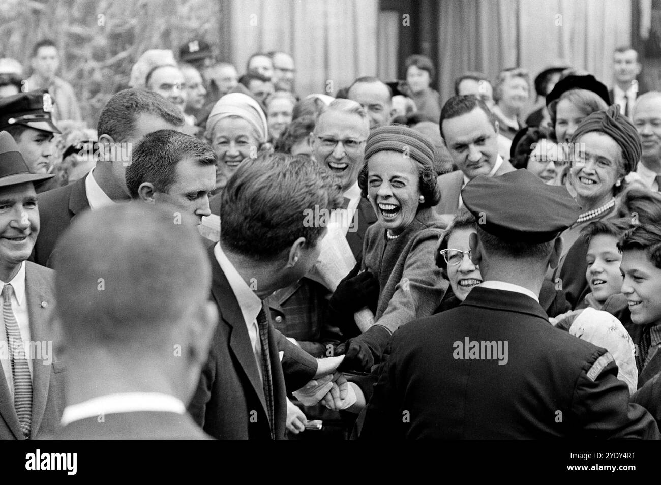 U.S. President John F. Kennedy greeting crowd after attending mass at St. Francis Xavier Chapel, Boston, Massachusetts, USA, Cecil Stoughton, White House Photographs, October 20, 1963 Stock Photo