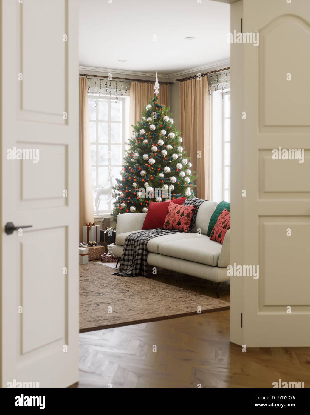 Cozy Christmas living room with a beautifully decorated Christmas tree ...