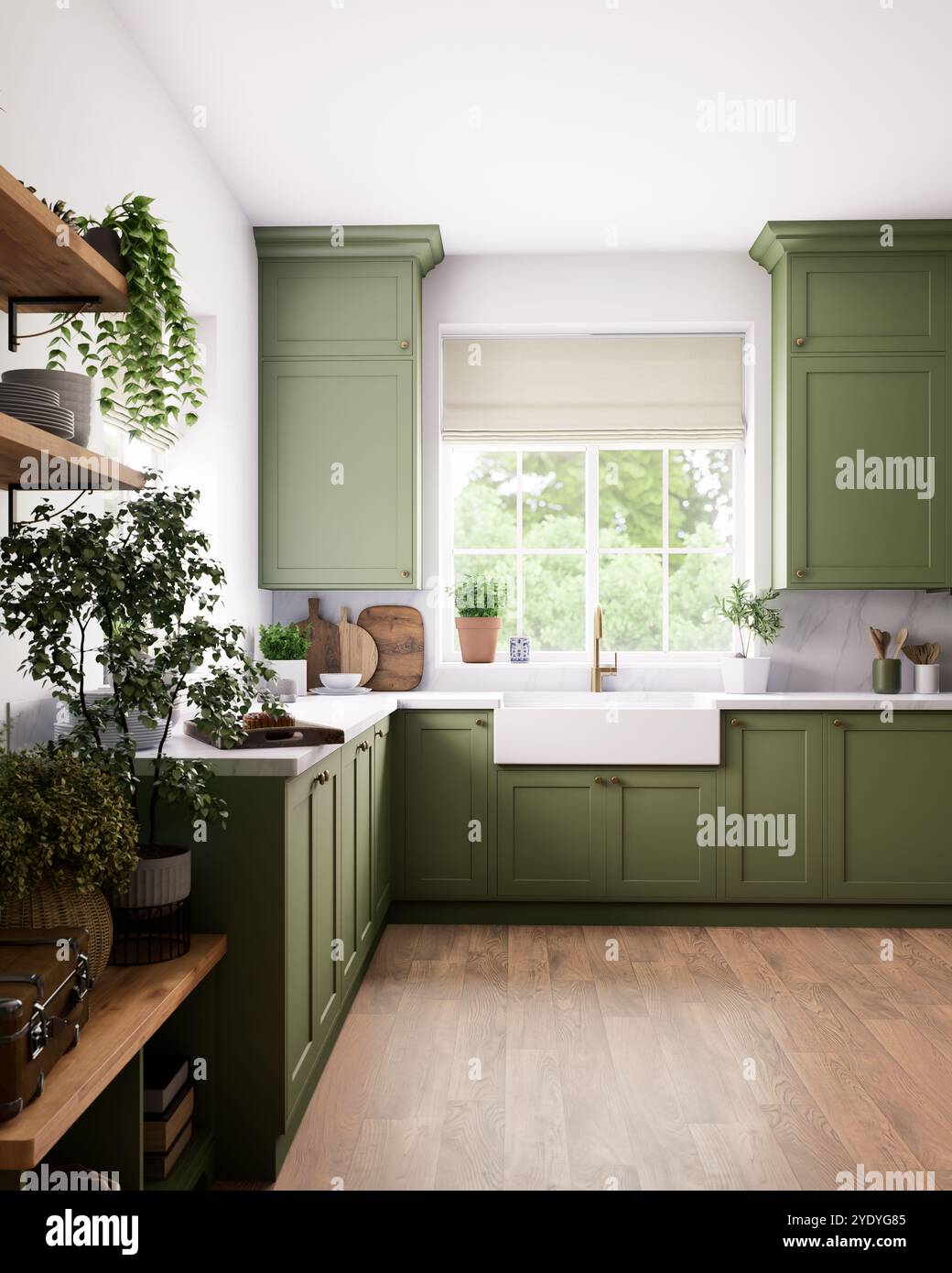 A modern green kitchen with open shelving and natural light, perfect ...
