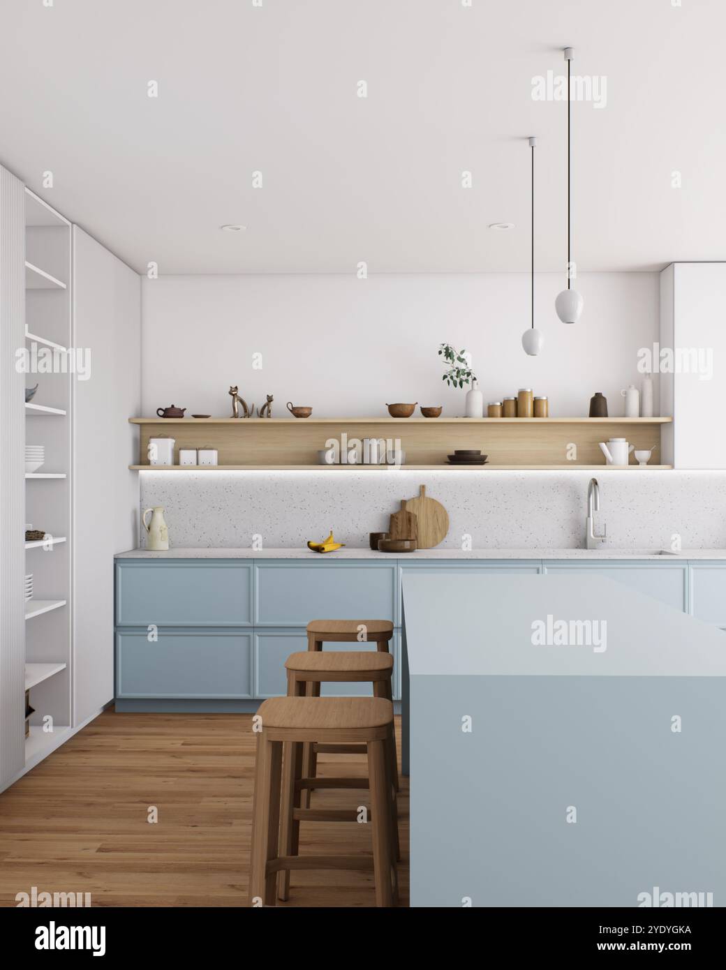 Discover a modern minimalist kitchen design with stylish blue accents ...