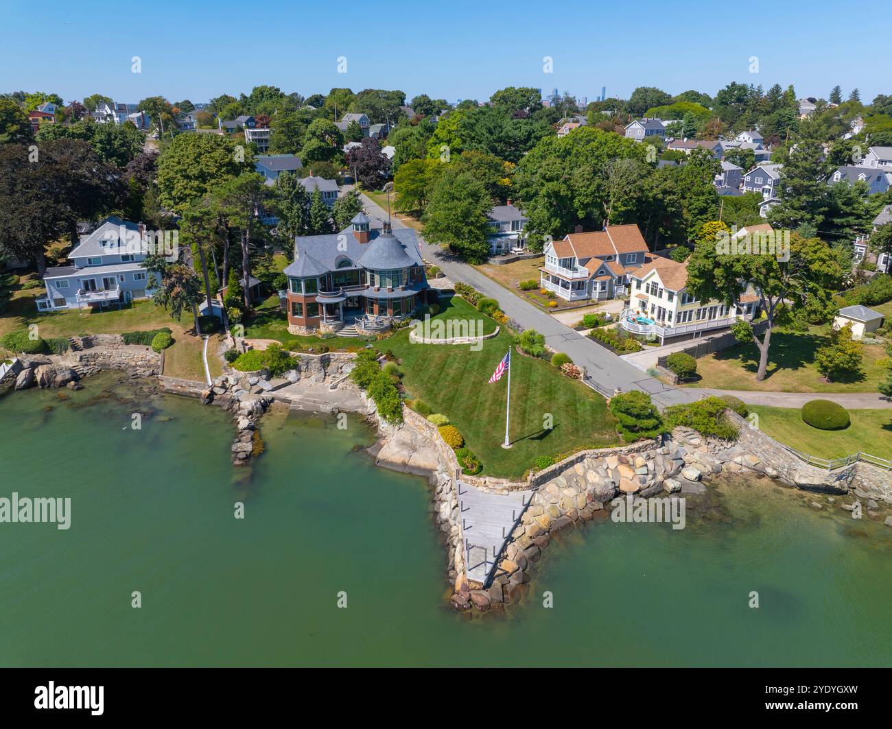 Historic mansions aerial view on Surfside Lane on Squantum peninsula ...