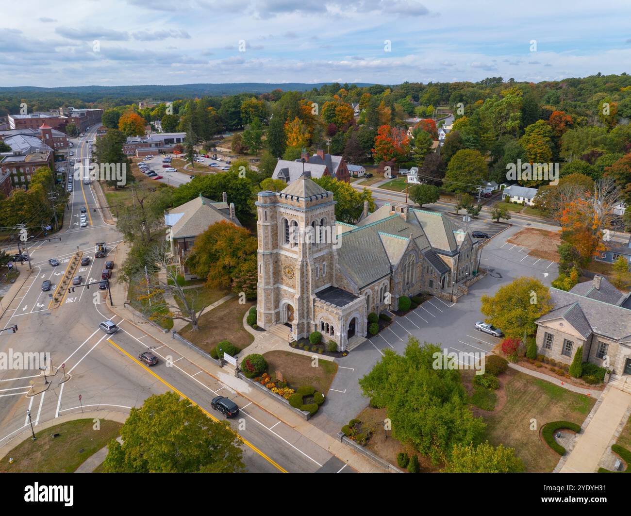 Village Congregational Church aerial view at 5 Church Street in fall with foliage in historic village of Whitinsville, town of Northbridge, Massachuse Stock Photo