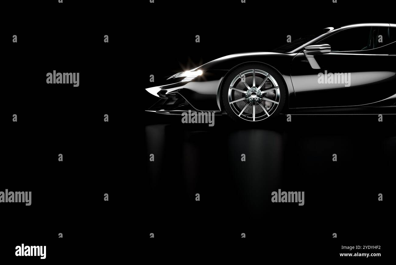 Side view black sports car black background 3d Stock Photo - Alamy